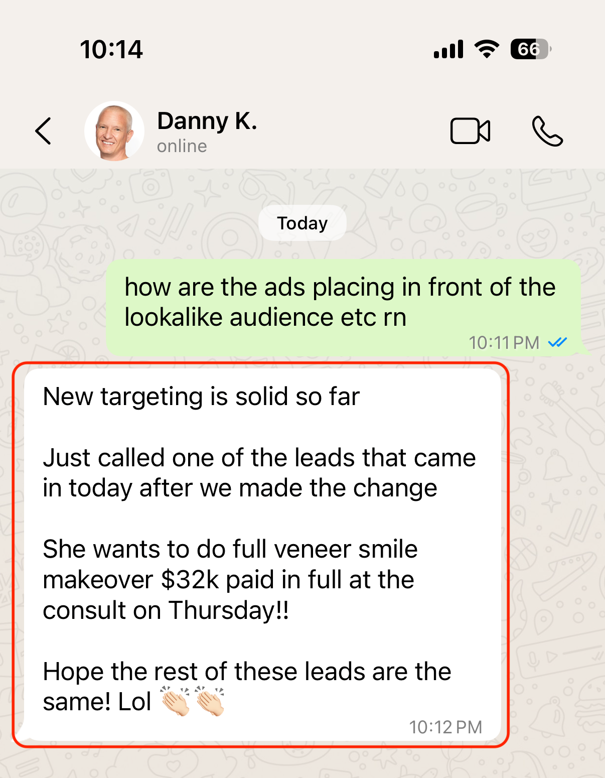 WhatsApp screenshot: Danny K. — lead booked a $32K full veneer smile makeover, paid in full at the consult